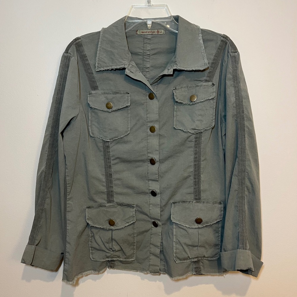XCVI Wearables Utility Top Long‎ Sleeve Button Up Raw Edge Lagenlook Size Large